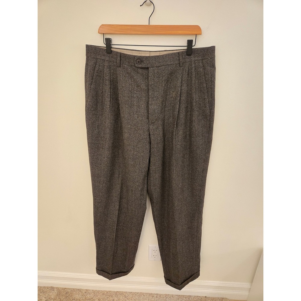 Zanella Neiman Marcus Mens Wool Pleated Cuffed Dress Pants Brown Check Italy